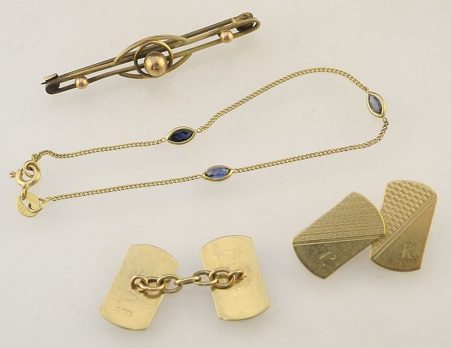 3 9ct (marked & hallmarked) Gold Items: Pair of Cufflinks / Brooch / Blue Stone Bracelet, TW 9g (1 of 1)