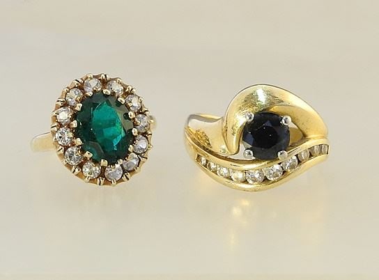 2 Gold Rings: 10k Green Stone (Size 5 / 4.49g) & 14k Blue Stone (Size 7 1/4 / 8.3g). (1 of 4)