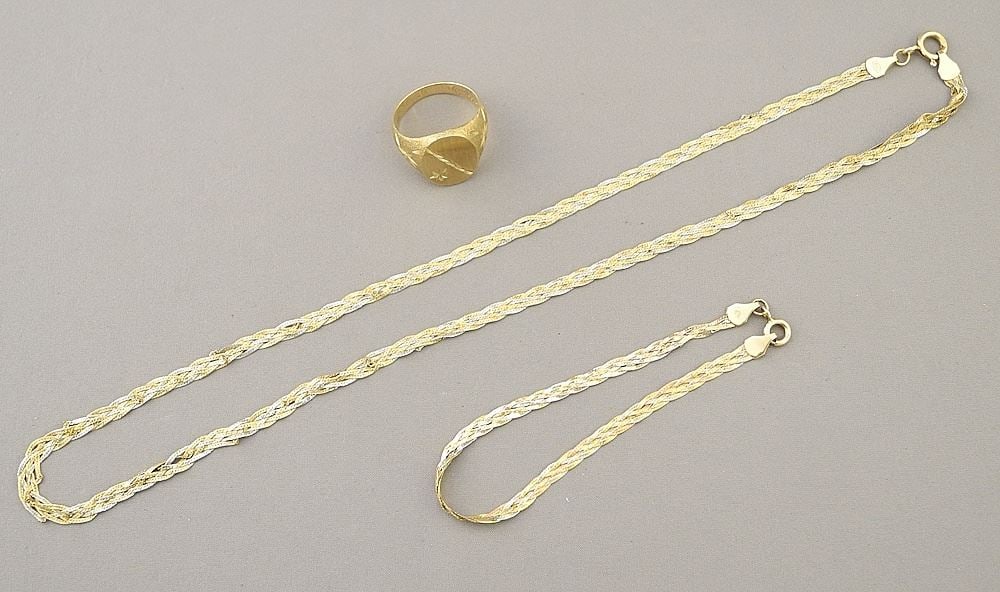 10K (marked) Yellow Gold Necklace (17"L), Bracelet & Ring, Size 8, TW 12.5g. (1 of 6)