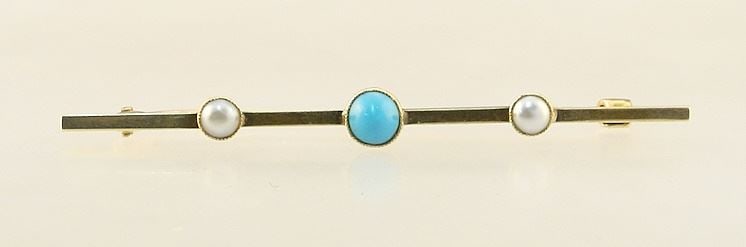 15ct (marked) Yellow Gold Turquoise & Pearl Bar Brooch, 2 1/4"L, 2.68gm. (1 of 4)