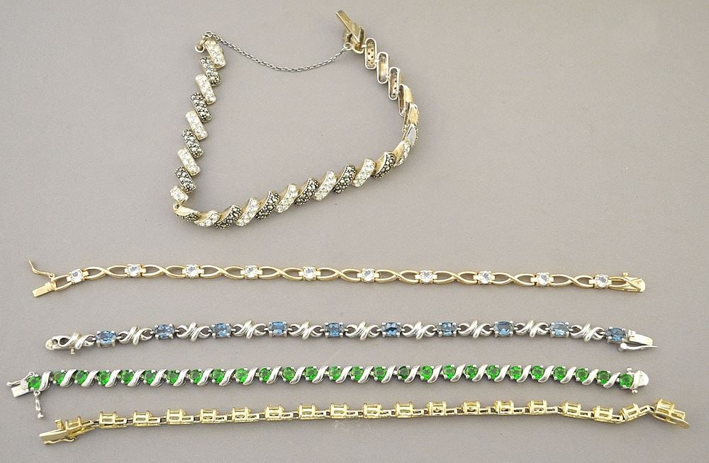 5 Sterling Silver (marked) Multi/ Semi-Precious / Marcasite Bracelets, Approx. 7"L, 63g. (1 of 2)