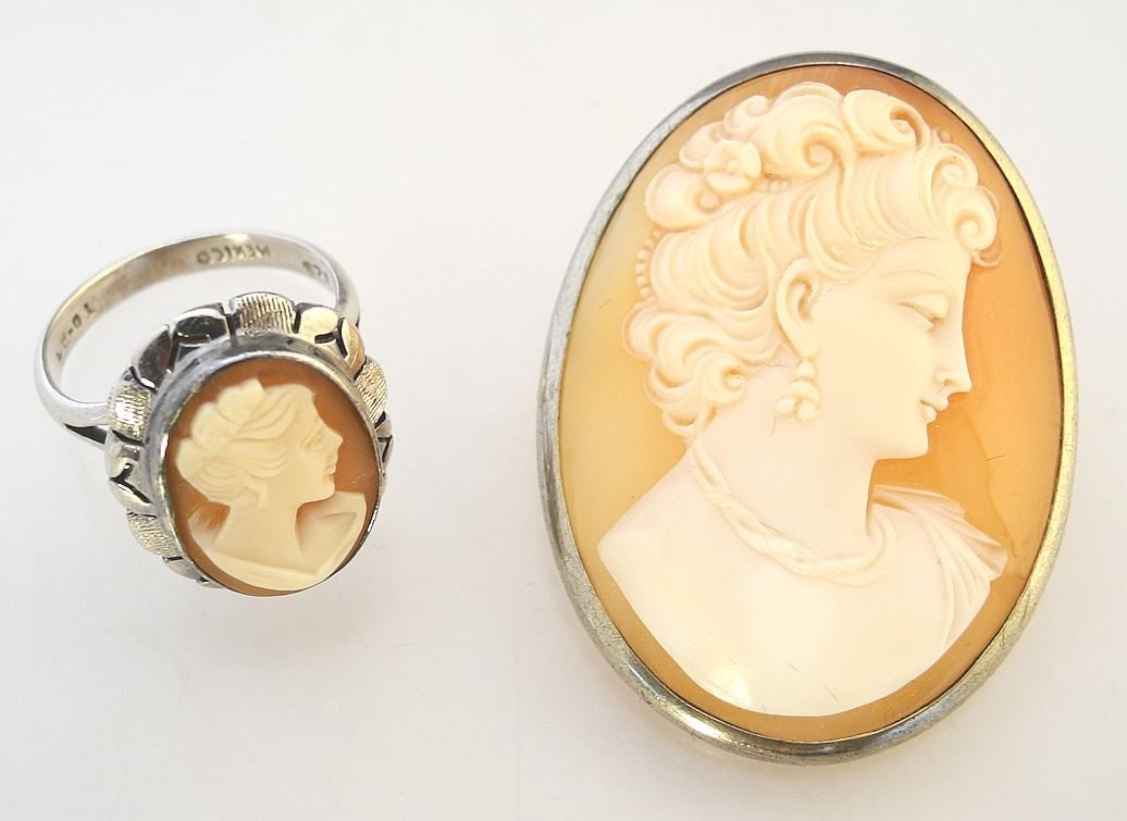 2 Cameo Items: Pendant Brooch Marked 800 & Ring Marked 925, Size 6 1/2, TW 16.1g. (1 of 4)
