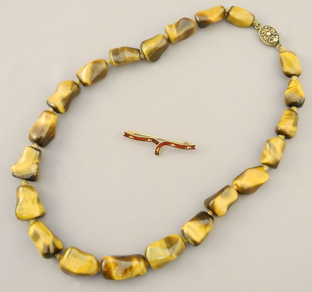 Tigers Eye Necklace, 17"L & Gold Enameled Brooch (marked 731) 1 1/2"L (1 of 3)