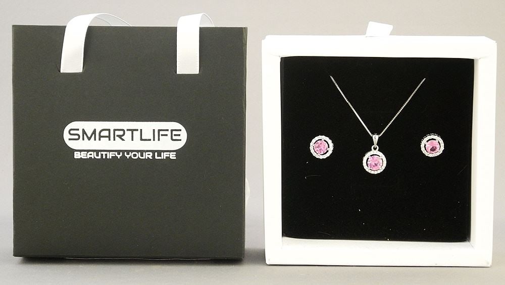 Sterling Silver with White Gold Overlay Lab Grown Pink Sapphire Halo Necklace & Earrings.: Sterling Silver with White Gold Overlay Lab Grown Pink Sapphire Halo Necklace & Earrings.