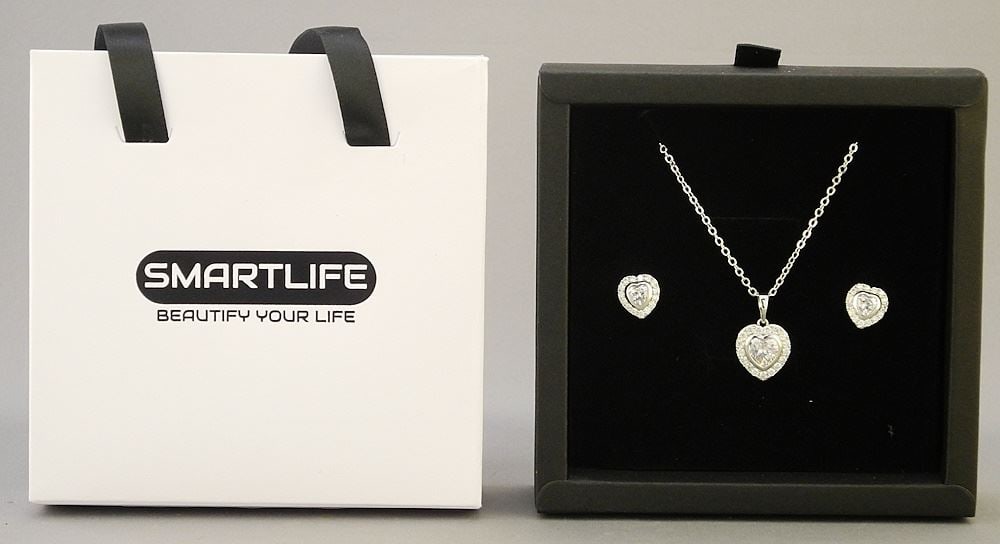Platinum Plated 2 Piece Halo Heart Shaped Necklace and Earrings.: Platinum Plated 2 Piece Halo Heart Shaped Necklace and Earrings.