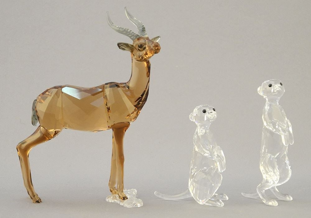 7 Swarovski Animals: Meerkats, Lemur, Monkey, Gazelle, 2" - 4 1/4", & Flower, 2"w.: 7 Swarovski Animals: Meerkats, Lemur, Monkey, Gazelle, 2" - 4 1/4", & Flower, 2"w.