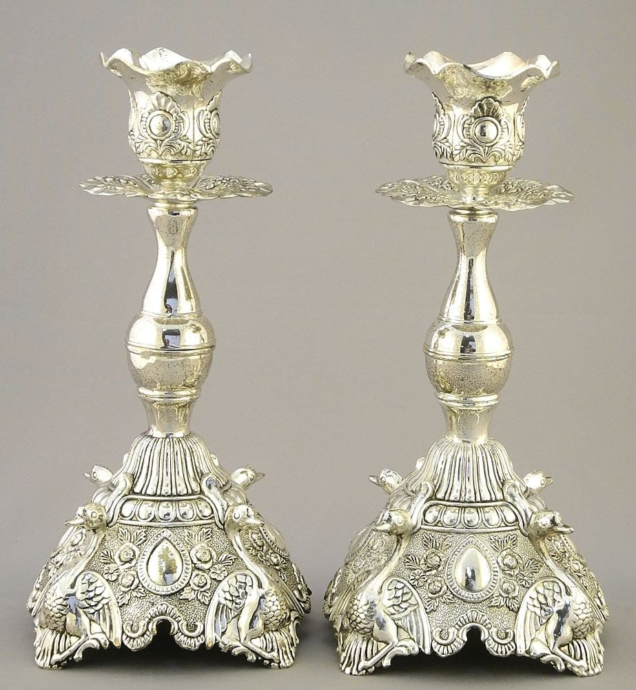 Pair of Swan Motif Silver Plated Candlesticks, 9"h. (1 of 2)
