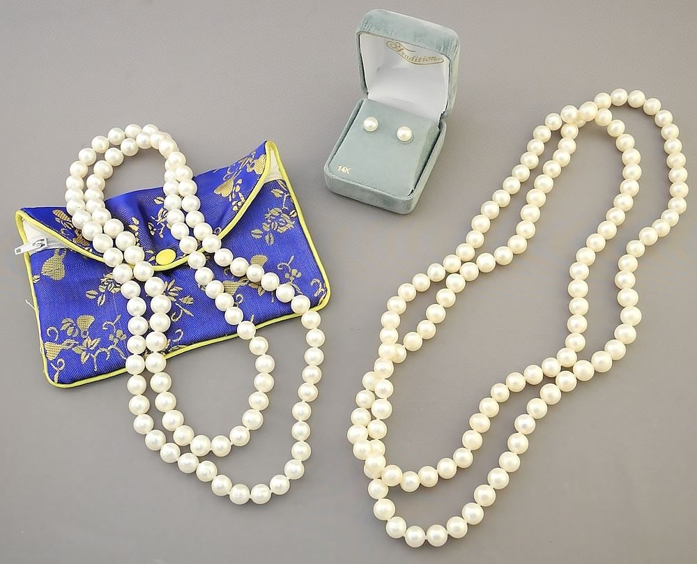 2 Freshwater Pearl Necklaces (9mm uniform, 42" & 34"L) & Pair of Earrings with Pouch. (1 of 4)