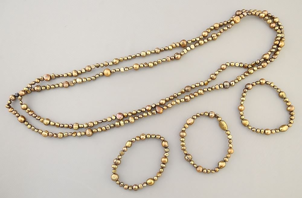 Collection of Chocolate Pearls: Necklace (62"L) & 3 Bracelets.: Collection of Chocolate Pearls: Necklace (62"L) & 3 Bracelets.