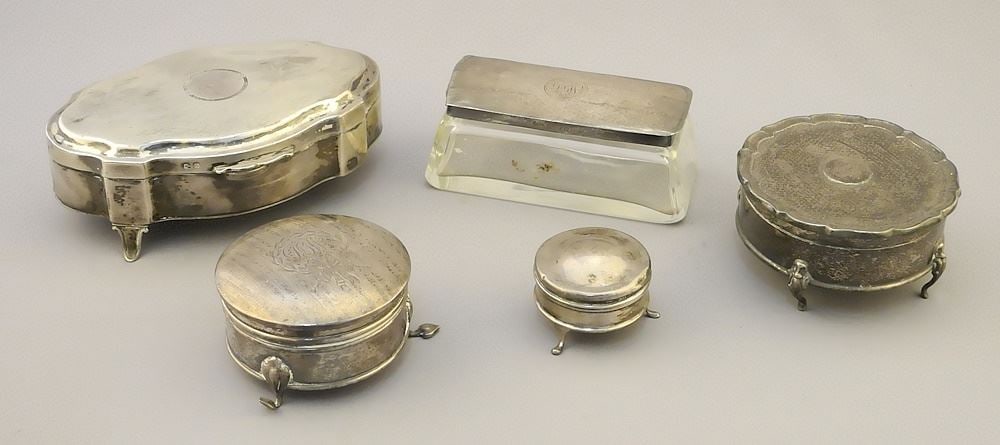 5 Hallmarked Silver Dresser Boxes (damage & irregularities), 1 5/8" - 5 1/4"w, TW Approx. 467g. (1 of 6)