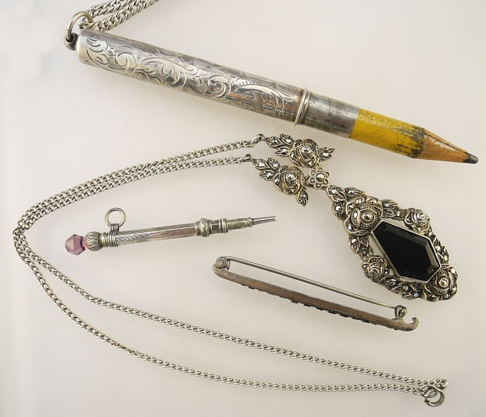 4 Sterling (marked variously) Silver Items: 2 Pencils / German Marcasite / Amethyst Brooch, TW 45.7 (1 of 3)