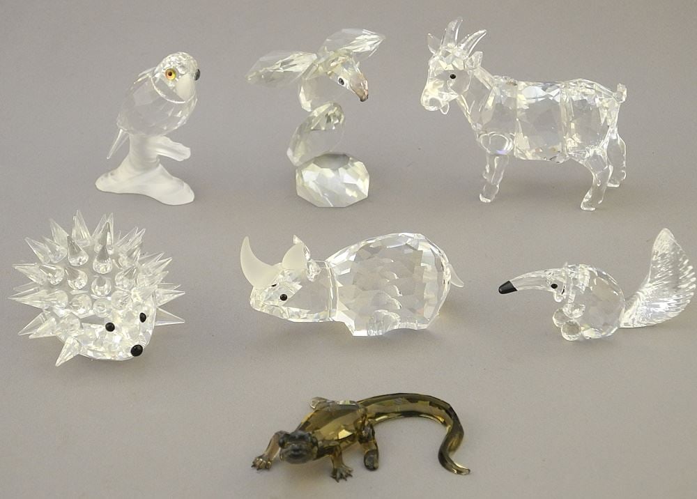 7 Swarovski Animals: Parrot, Rhino, Goat, Aardvark, Eagle, Porcupine & Crocodile, Largest 2 1/2"L: 7 Swarovski Animals: Parrot, Rhino, Goat, Aardvark, Eagle, Porcupine & Crocodile, Largest 2 1/2"L
