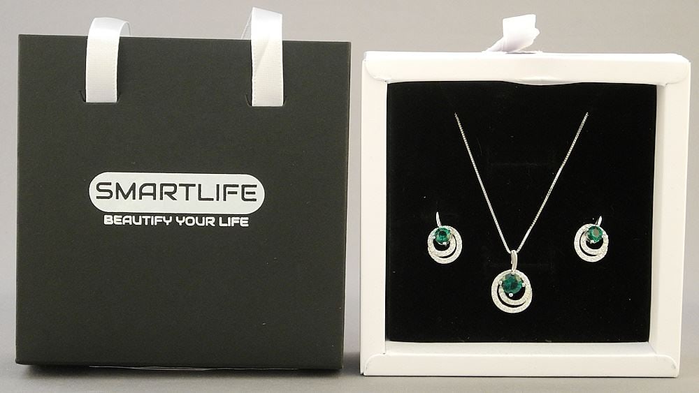 Sterling Silver with White Gold Overlay Double Circle Lab Grown Emerald Necklace & Earring (1 of 2)