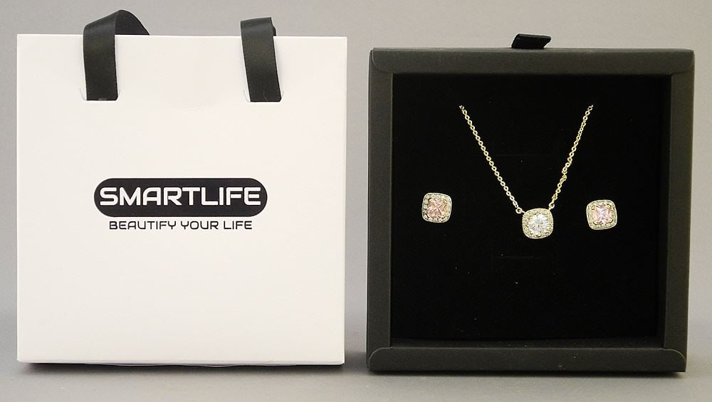 14K Gold Plated 2 Piece Lab Grown Diamond Halo Necklace & Lab Grown Pink Sapphire Earrings. (1 of 2)