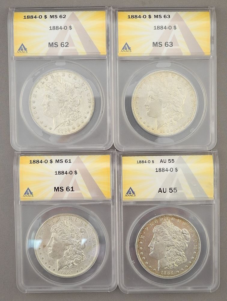 4 Mint State Graded Morgan Silver Dollars, 1884. (1 of 4)