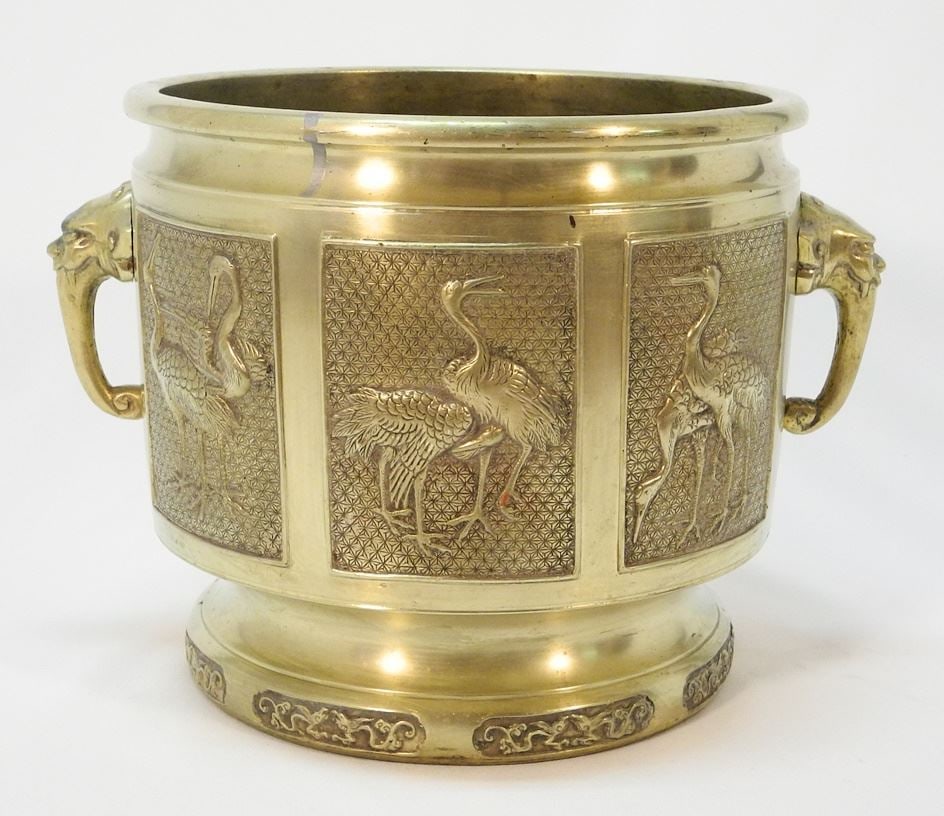 Japanese Brass "Cranes" Censer with Signed Plate (loose), 9 3/4" x 13 3/4"w. (1 of 8)