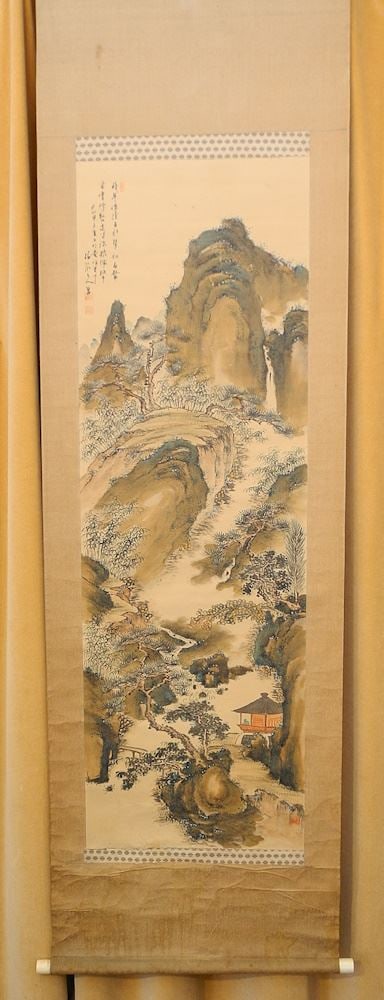 Japanese Ink & Colour Scroll Attributed to Tanaka Hakuin, Sight 50 1/4" x 17 1/2", "Blue M: Japanese Ink & Colour Scroll Attributed to Tanaka Hakuin, Sight 50 1/4" x 17 1/2", "Blue M