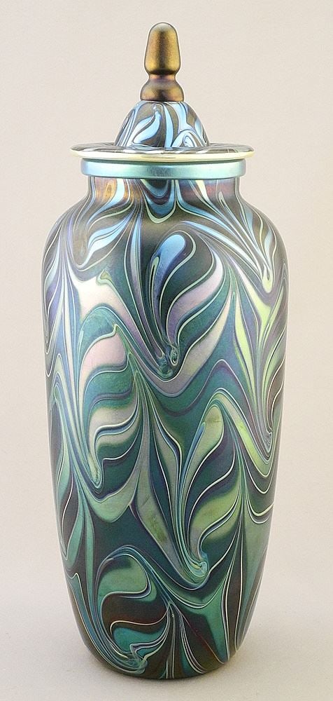Orient & Flume Peking Green Glass King Tut Covered Vase, Bruce Sillars 1981, 12 3/8"h. (1 of 8)