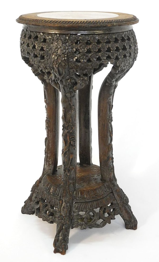 Asian Carved Hardwood Stand Inset with Stone, 20 5/8"h. (1 of 10)