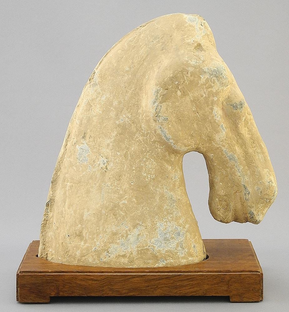 Western Hand Molded Terracotta Horse Head (7 1/4" x 2 1/2" x 6 3/8") with Teak Stand. (1 of 5)