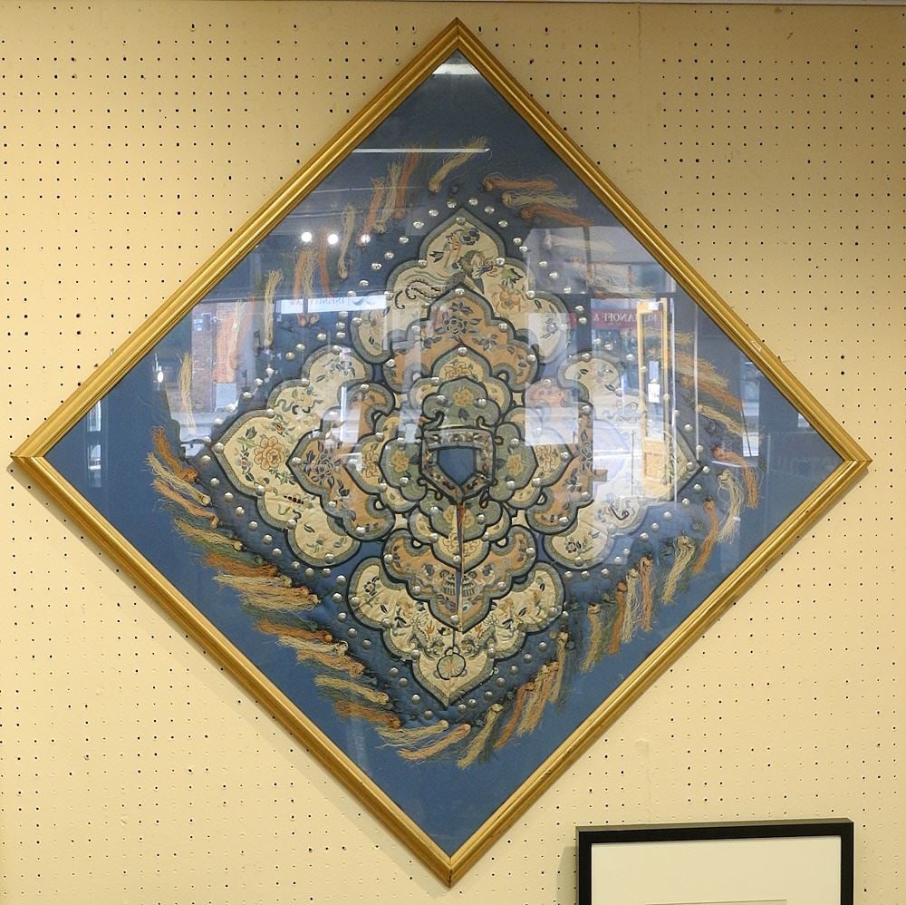 Qing Mandarin Embroidered Silk Collar, 30" x 30", Framed. (1 of 2)