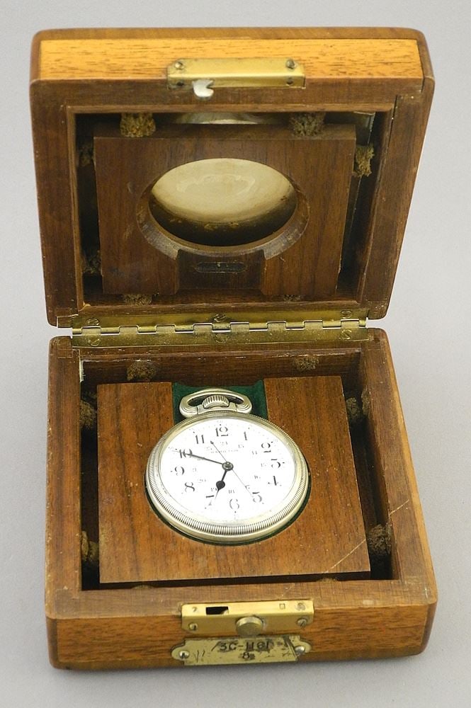 Hamilton Watch Co. Mahogany Cased 800 Silver Pocket Watch, 2 1/8" x 4 5/8" x 4 5/8", Serial 39 (1 of 16)