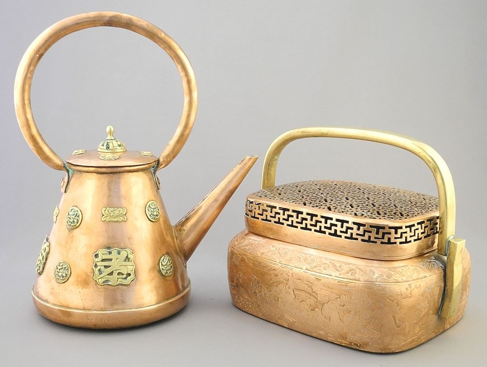 Qing Copper & Brass Hand Warmer (4 5/8" x 9" x 6 7/8") & Kettle, 11 1/8", Acquired China 1928. (1 of 6)
