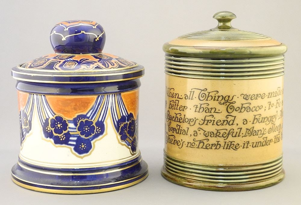 2 Royal Doulton Tobacco Jars: Kingsley (7 1/2"h) & Cobalt Swag, 7"h.: 2 Royal Doulton Tobacco Jars: Kingsley (7 1/2"h) & Cobalt Swag, 7"h.
