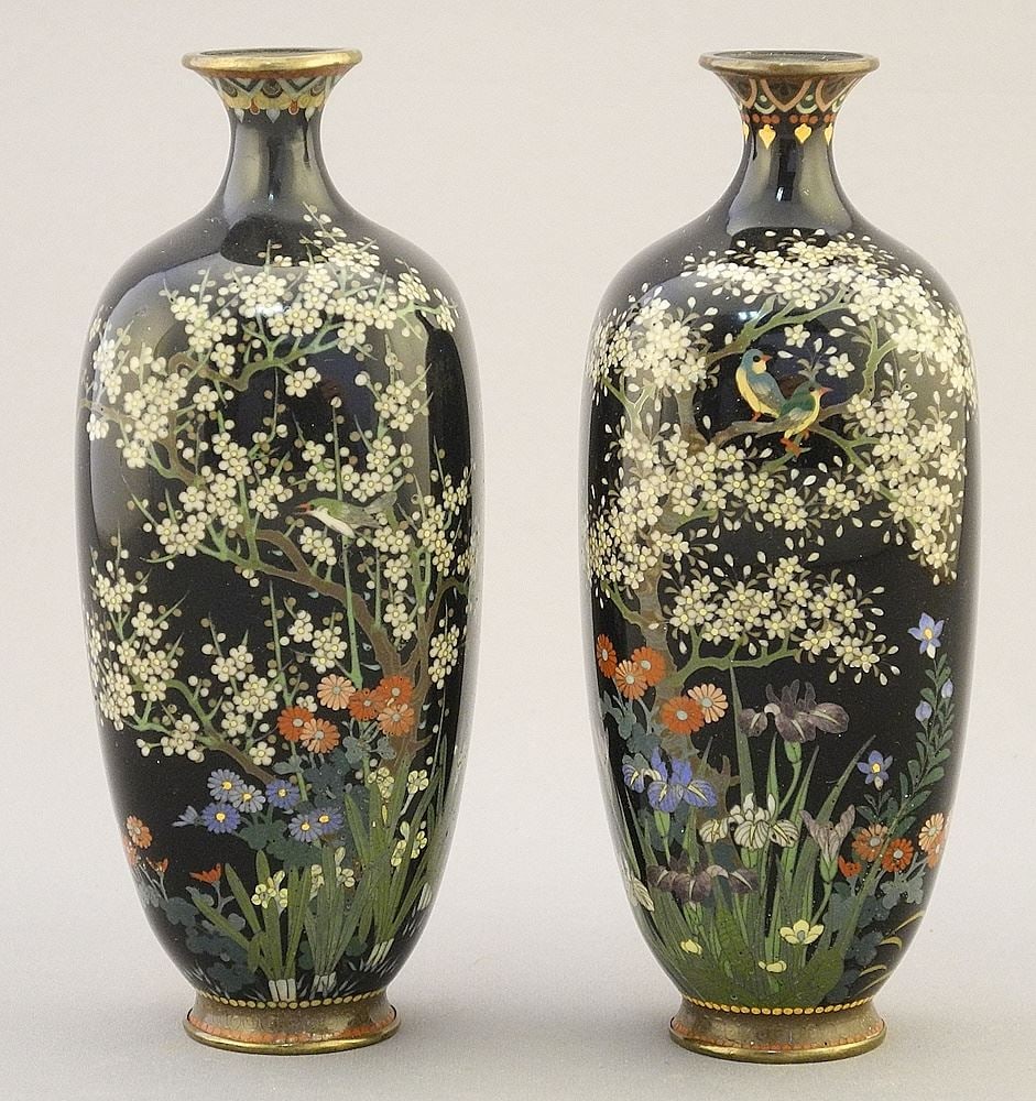 Pair of Japanese Silver Wire Cloisonne Vases, 4 3/4"h. (1 of 6)