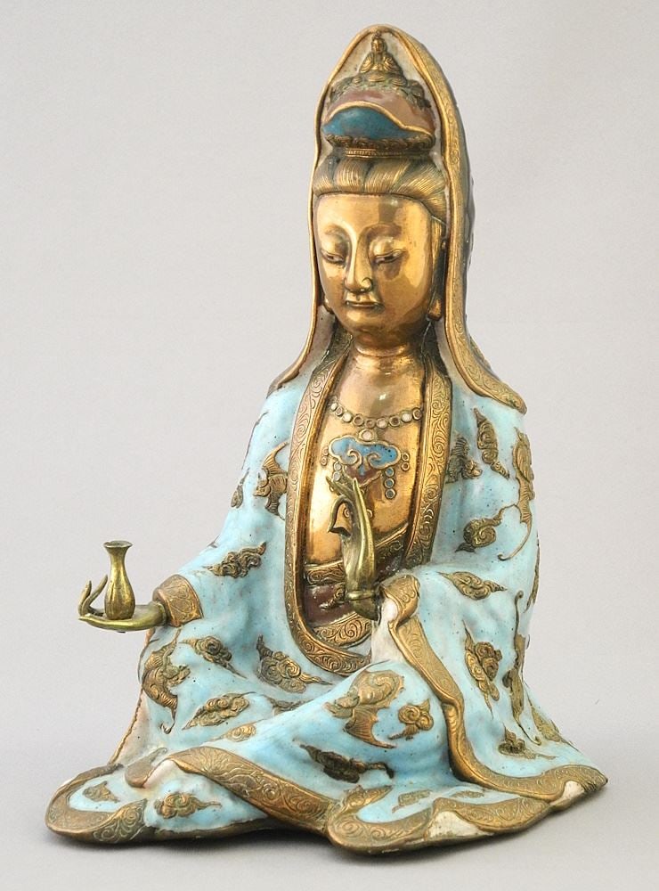 Chinese Enamel Copper Seated Figure of Kwan Yin, 8" (1/2 of a finger missing). (1 of 8)