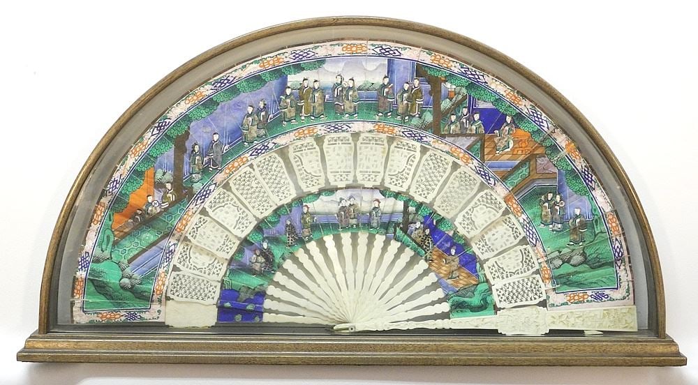 Mid 19th C. Cantonese Fan in Free Standing Shadow Box, 12 1/2" x 24" x 3". (1 of 10)