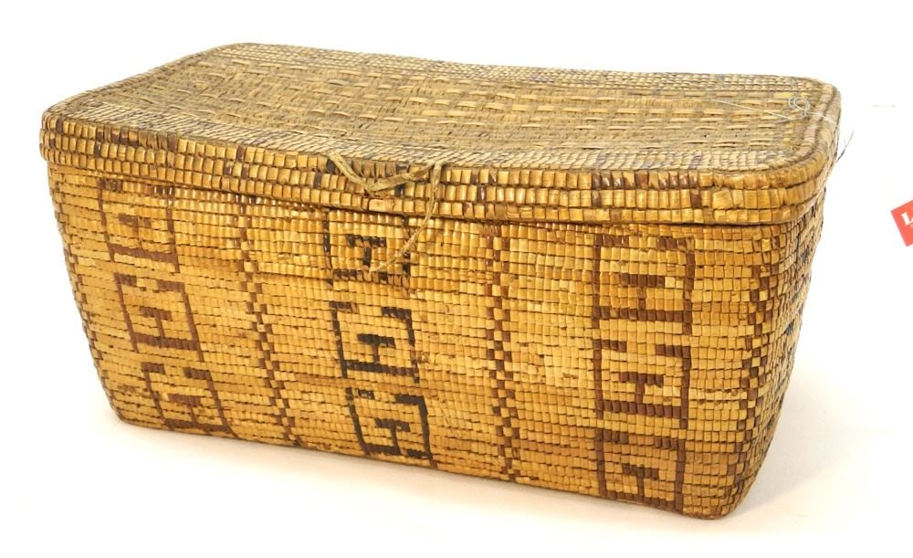 19th C. Salish Rectangular Basket with Lid, 14" x 9". (1 of 3)