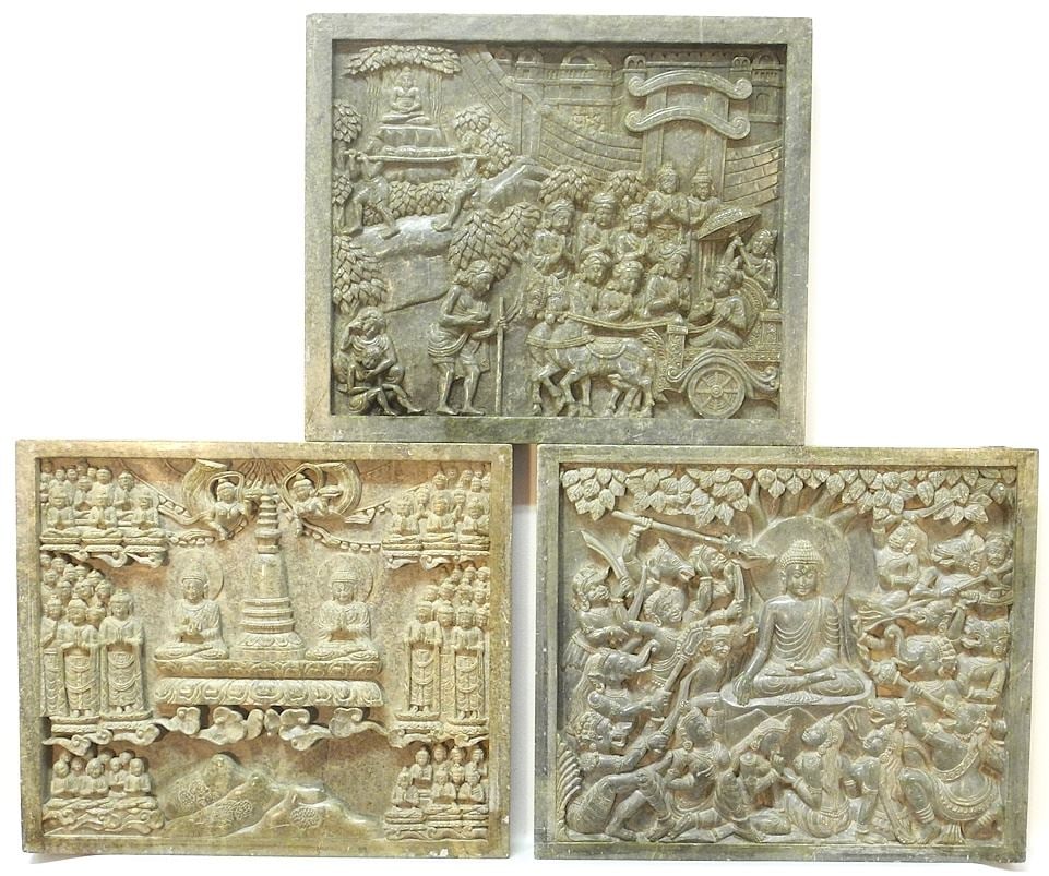 3 South Asian Carved Marble Panels, 11" x 13" x 1 1/4". (1 of 5)