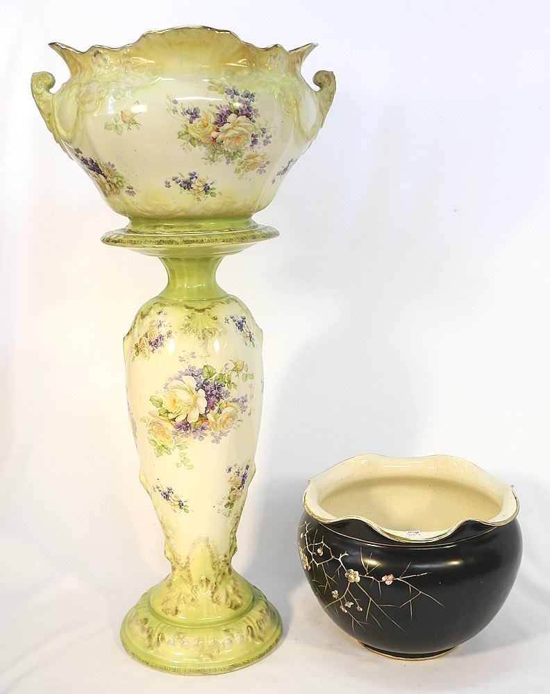 Early 20th C. Jardiniere on Stand (32 3/8"h) & Another Jardiniere, 9"h.: Early 20th C. Jardiniere on Stand (32 3/8"h) & Another Jardiniere, 9"h.