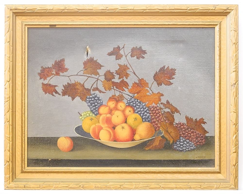 Naive Oil on Canvas signed J. Dancy, 12" x 16", "Still Life with Peaches & Berries" (puncture noted: Naive Oil on Canvas signed J. Dancy, 12" x 16", "Still Life with Peaches & Berries" (puncture noted
