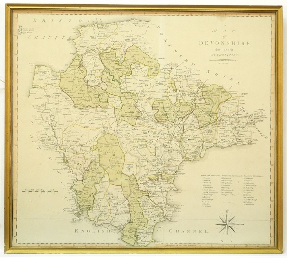 Antique Map of Devonshire.J. Stockdale, Piccadilly, 1805, 16 5/8" x 18 5/8".: Antique Map of Devonshire.J. Stockdale, Piccadilly, 1805, 16 5/8" x 18 5/8".