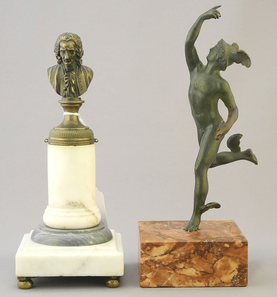 Bronze Bust (8 1/4"h) & Bronze Figure of Mercury (9 3/8"h) on Marble Bases (as found). (1 of 2)