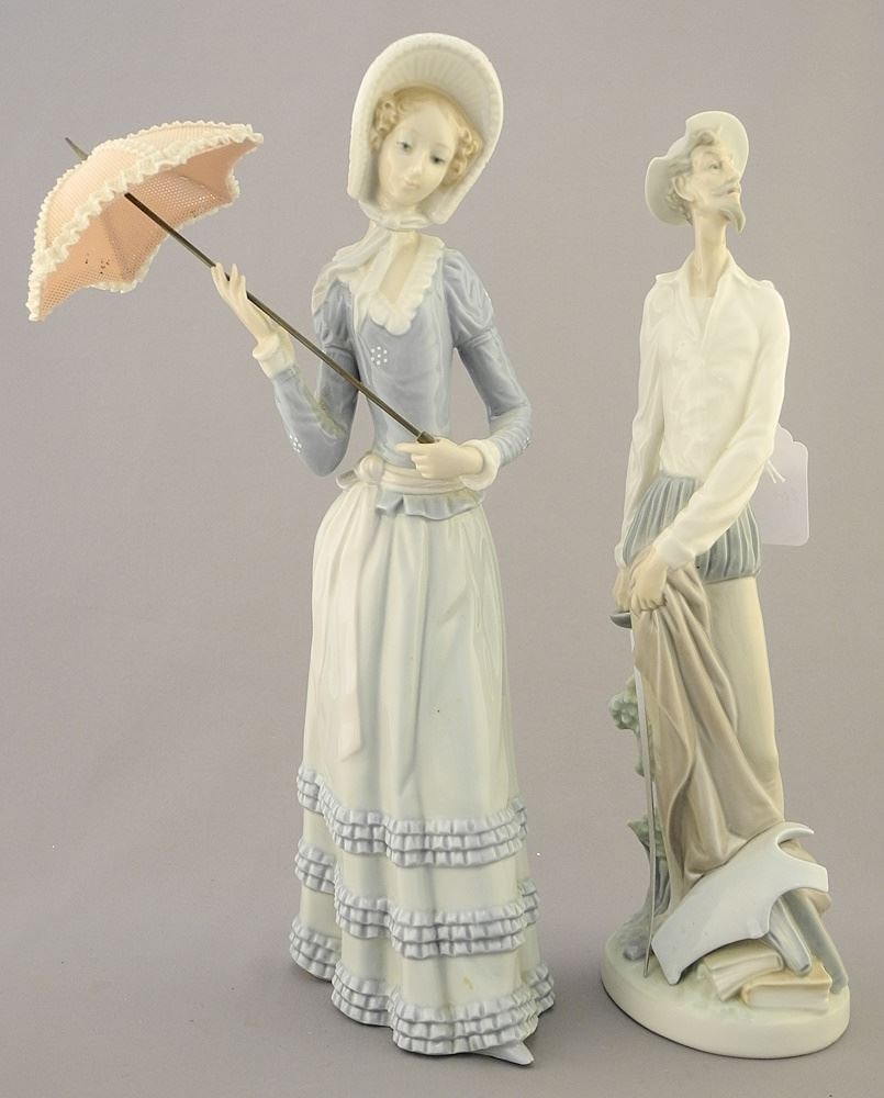 2 Lladro Figurines: Don Quixote & Parasol Girl.: 2 Lladro Figurines: Don Quixote & Parasol Girl.