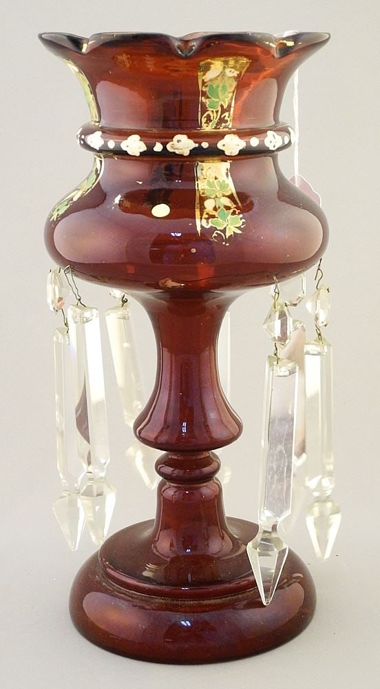 Single Ruby Glass Lustre, Lacking One Droplet, 11 3/4"h.: Single Ruby Glass Lustre, Lacking One Droplet, 11 3/4"h.
