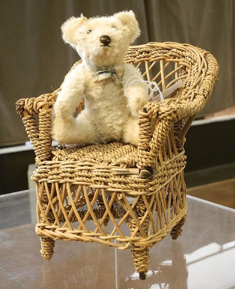 Antique Jointed Teddy Bear in Wicker Chair, 7 1/2"h. (1 of 1)