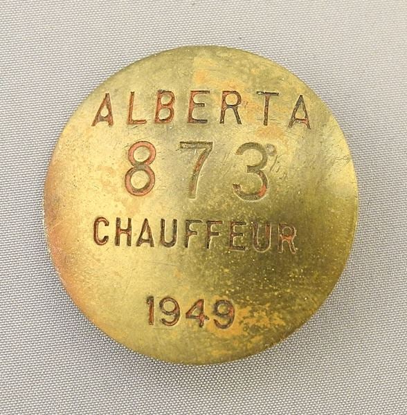 Alberta Chauffeur Badge #873, 1949, 1 1/4" Diameter.: Alberta Chauffeur Badge #873, 1949, 1 1/4" Diameter.