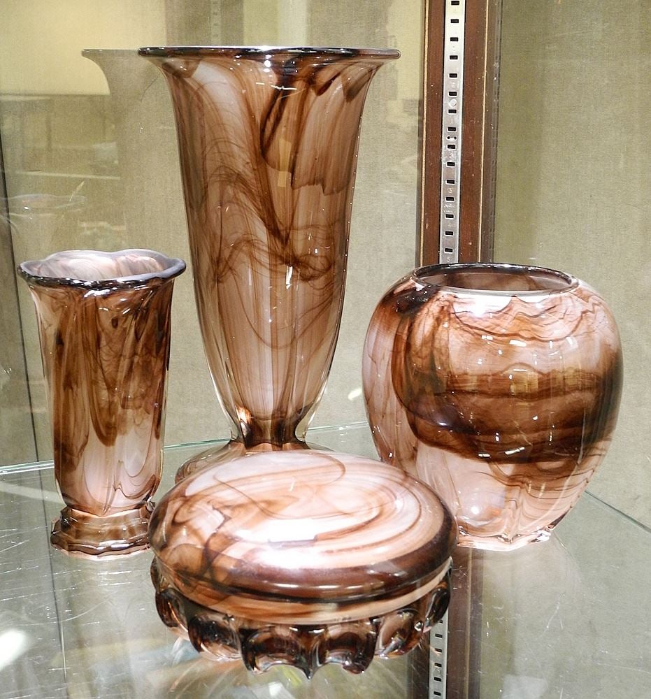 Walther "Cloud" Glass 3 Vases & Covered Jar, Tallest 10 3/4".: Walther "Cloud" Glass 3 Vases & Covered Jar, Tallest 10 3/4".