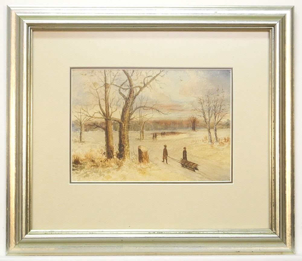 Unsigned Watercolour, 6 1/2" x 9 1/4", "Snow Scene with Stick Gatherers". (1 of 2)