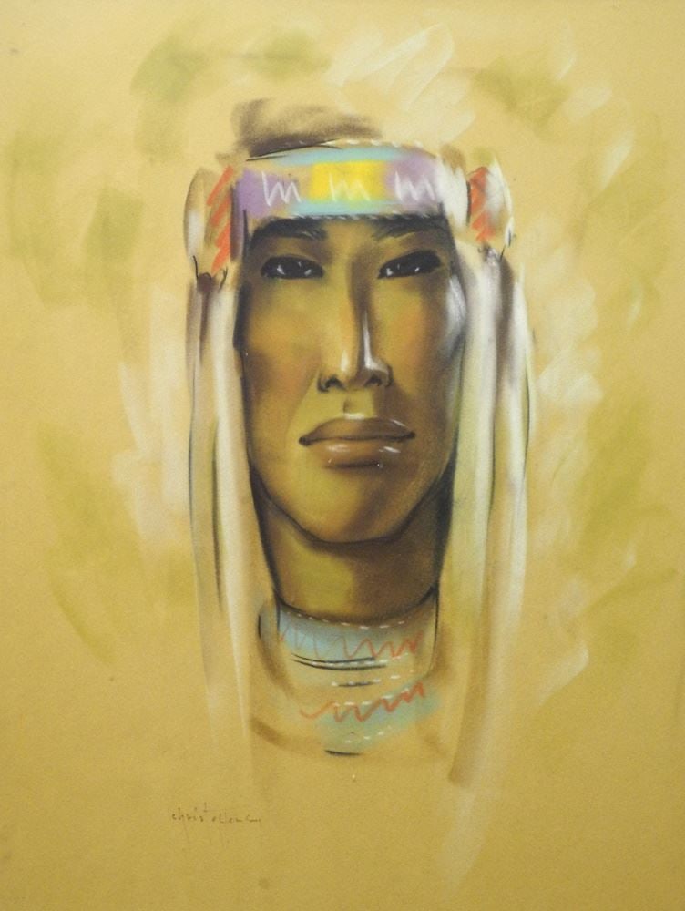 Pastel on Paper Signed (Gerda) Christofferson, 25 1/4" x 19 1/4", "First Nations Portrait".: Pastel on Paper Signed (Gerda) Christofferson, 25 1/4" x 19 1/4", "First Nations Portrait".