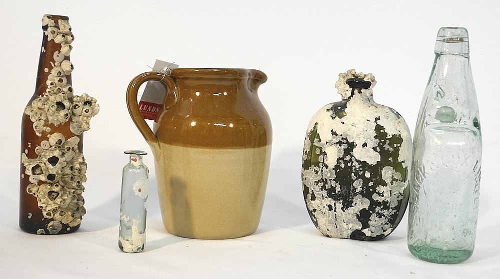 3 Barnacle Encrusted Bottles with Stoneware Jug & Glass Cod Bottle. (1 of 1)