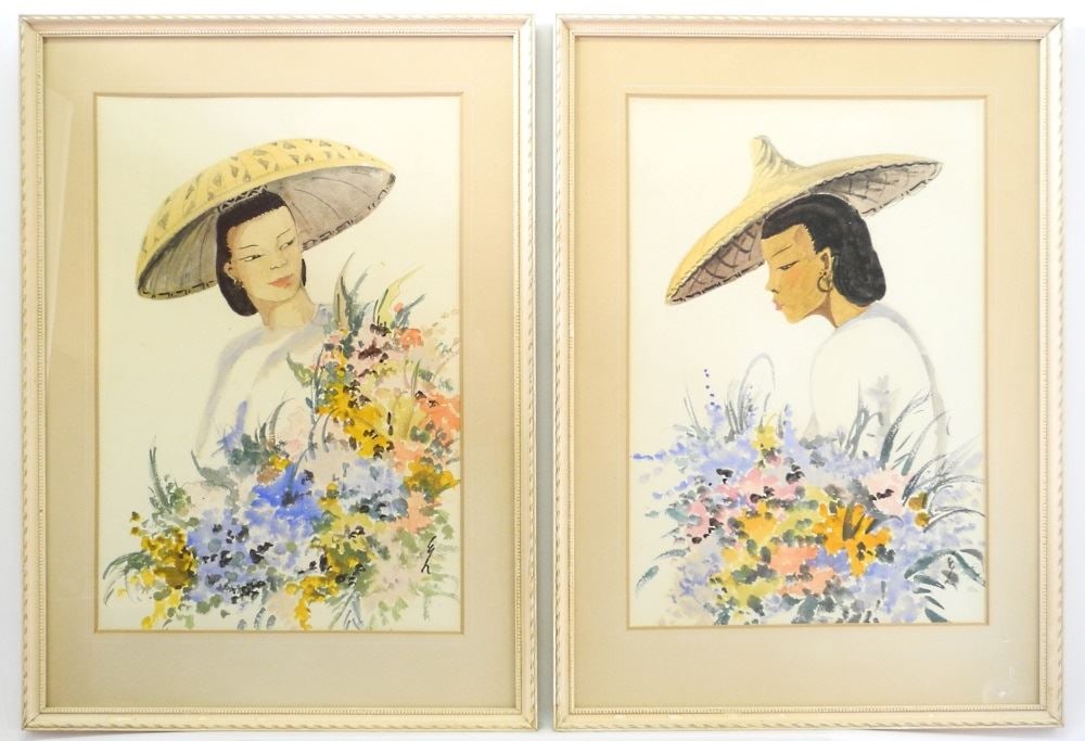 Pair of Watercolour Monogramed E.L. (Edith Lansdowne), 18 1/2" x 12 1/2" ,"Asian Ladies". (1 of 8)