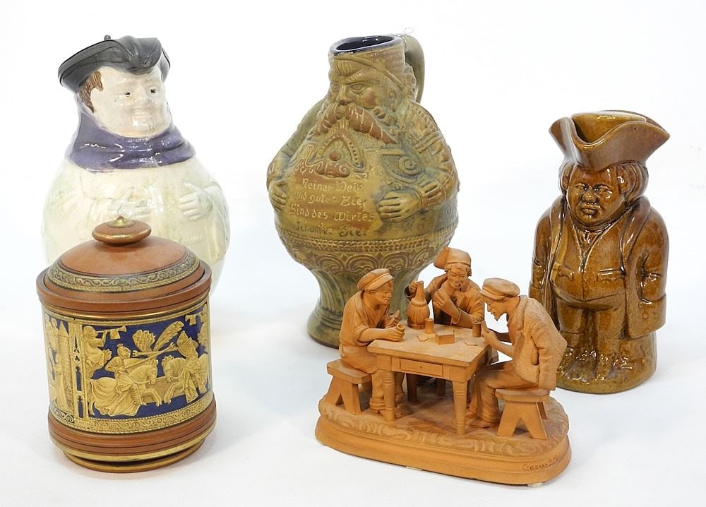 Collection of Jugs / Humidor & Terracotta Figures, 5 1/2" - 8 1/2".: Collection of Jugs / Humidor & Terracotta Figures, 5 1/2" - 8 1/2".