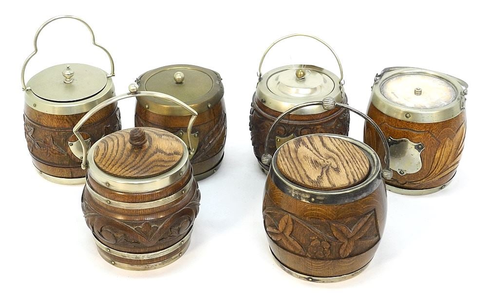 6 Carved Oak Biscuit Barrels, 5 3/4" - 6"h. (1 of 4)