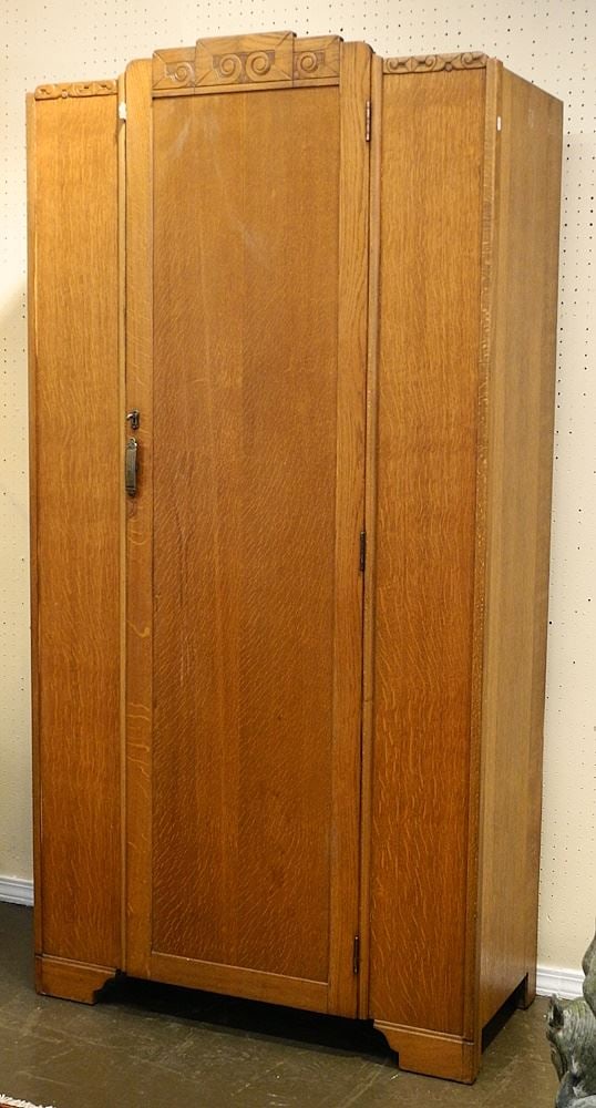 English Art Deco Oak Wardrobe, Fitted with Shelves. (1 of 4)