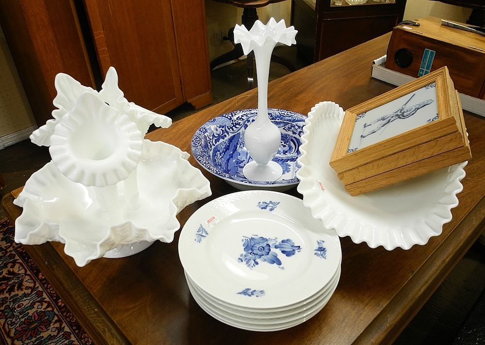 3 Tiles / Milk Glass Wares / Spode Bowl & Royal Copenhagen Dishes. (1 of 1)